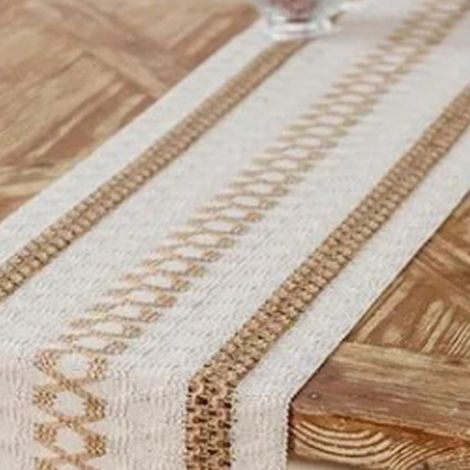 Chemin de table en coton et lin tressés, orné de pompons, pour mariage ou réception, 30 x 180 cm (1/5)