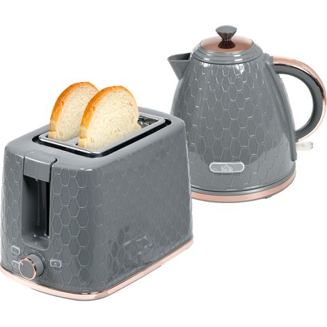 1.7L 3000W Fast Boil Kettle & 2 Slice Toaster Set, Kettle Toaster Set with Auto Shut Off, Browning Controls, Grey (1/5)
