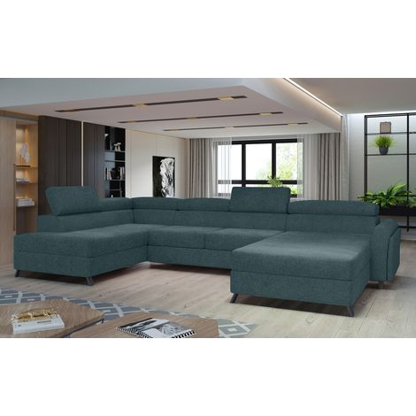 Canapé panoramique Bleu gris 5 places angle gauche convertible avec coffre CLOTIS