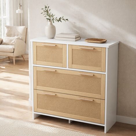 MEUBLIV Commode 80x80x38 cm blanc et naturel – 4 tiroirs décor rotin (1/5)