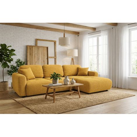 Ecksofa mit Schlaffunktion BRUSK MAX in Stoff Pop Honiggelb Ottomane Rechts (1/5)