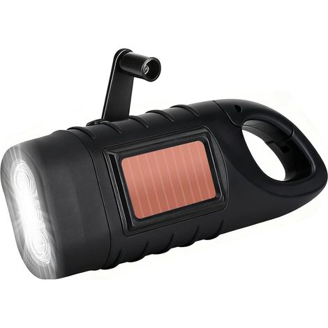 Lampe Torche Solaire, Lampe de Poche LED d’Urgence avec Mousqueton, Lampe Dynamo Manivelle Portable pour Plein Air Camping Pannes de Courant Cyclisme Équipement d'urgence (Noir) (1/5)