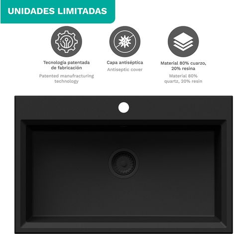Fregadero de cocina de cuarzo Oblack Grande 79x50 cm 1 cubeta color negro mate