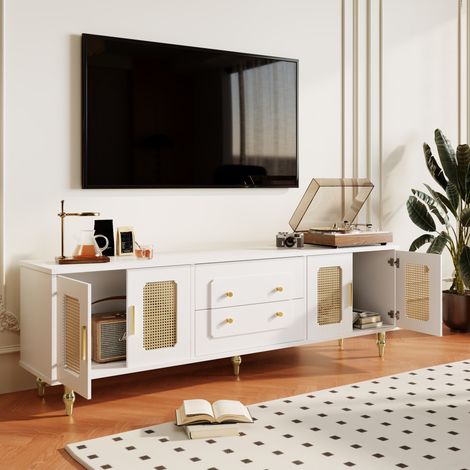 Mobile TV 175 cm bianco con 4 ante effetto rattan PVC, 2 cassetti e piedini dorati DESVIAE (1/5)