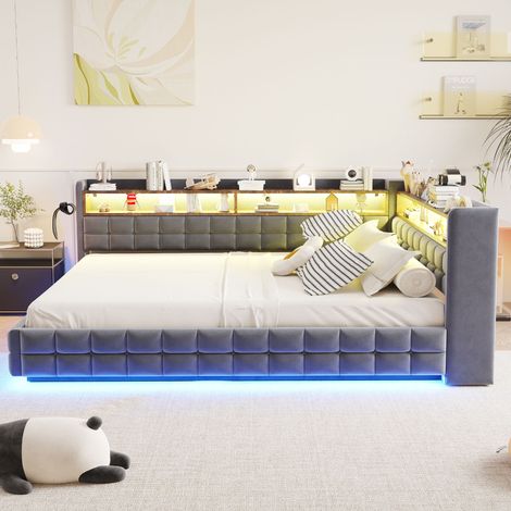 Lit banquette coffre 140x200 cm avec rangement hydraulique, LED, USB/Type-C, étagères latérales, velours, gris foncé (1/5)