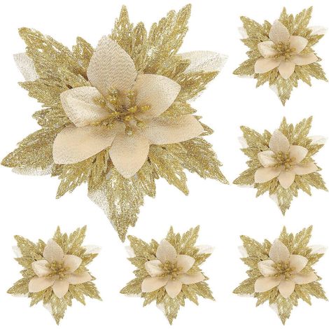 Lot de 6 décorations florales pailletées pour sapin de Noël, couronne de mariage, à faire soi-même-15CM-Golden