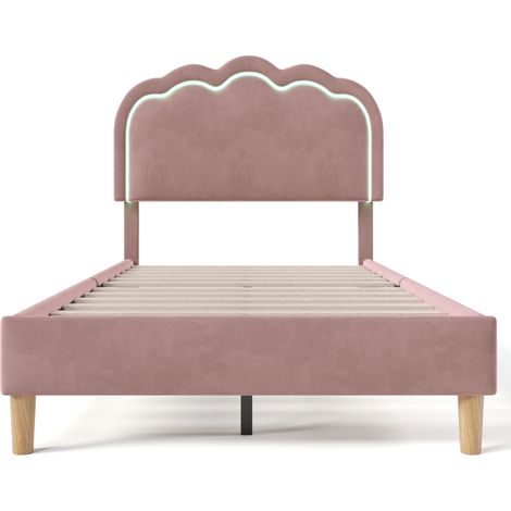 Cama tapizada LED 90 x 200 cm de terciopelo rosa con cabecero ajustable y somier de láminas (1/5)
