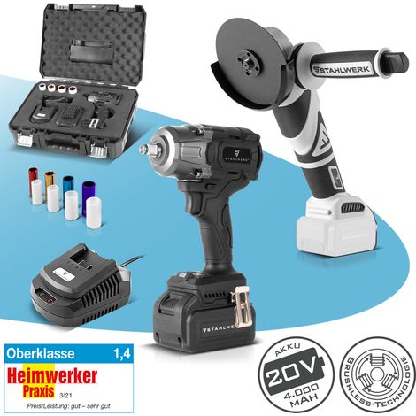 STAHLWERK Juego de herramientas a batería - llave de impacto a batería 20 V 880 Nm, amoladora angular a batería 0-7.500 rpm, batería recargable 4 Ah, cargador, llave de impacto, llaves de vaso, juego