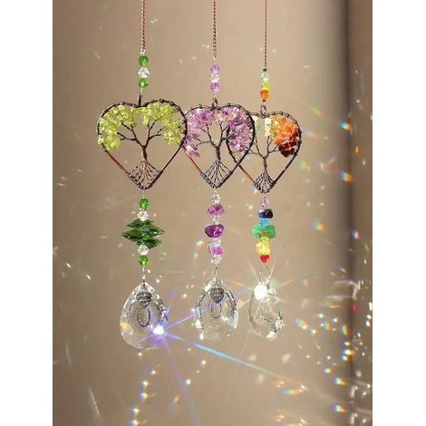 1PC Capteur de soleil arc-en-ciel Ornement en forme de cœur Arbre de Vie Roue des Chakras Pierre, Boule prismique pour fenêtre Décoration suspendue pour jardin, maison, voiture, mur Cadeau idéal pour (1/4)