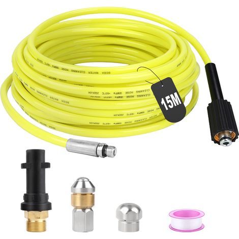 Tuyau Nettoyeur Haute Pression 15M 180bar Furet Deboucheur Canalisation Flexible Tuyau Deboucheur Canalisation Haute Pression avec 2 Buse Adaptateur pour Kärcher K2-K7 Nettoyeur Haute Pression (1/5)