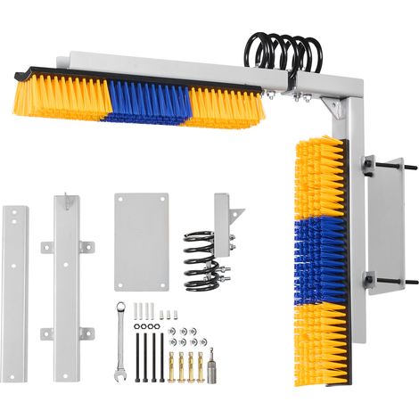 Mophorn Cepillo rascador para ganado con 2 cabezales de 430 x 100 mm, incluye soporte de montaje y kit de instalación, ideal para masajes de caballos, vacas y ovejas, en colores azul y amarillo (1/5)