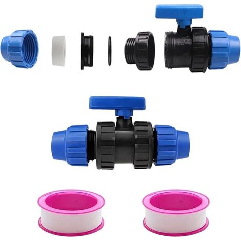 32mm Connecteur en PP pour Tuyau d'eau,PE Robinet à boisseau sphérique,vanne diametre 32,Robinet d'arrêt,raccord 32 vanne,avec 3 m de ruban d'étanchéité en plastique indépendant (1/5)