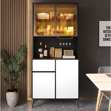Buffet haut vitré 80 x 40 x 180 cm avec LED, 1 tiroir, 4 portes, noir et blanc DESVIAE (1/5)