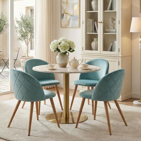 Chaise Salle à Manger Lot de 4, Scandinave Moderne, Dossier Losange, Pieds Aspect Chêne, Velours, Vert