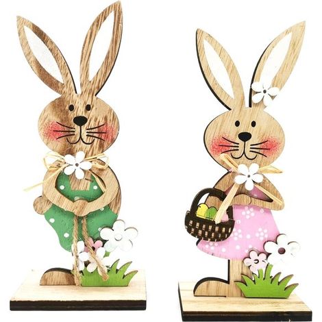 2 hölzerne Osterhasen großer Ständer Osterhase mit Blumendekoration 19 cm Osterhasen hölzerner Ständer für den Außenbereich Tischdekoration rosa (1/4)