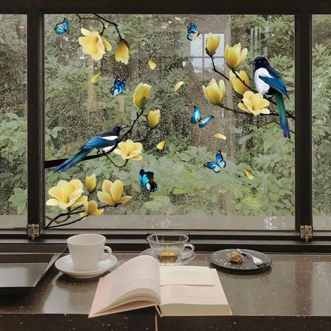 Autocollants pour fenêtres - 1 magnifique autocollant statique décoratif avec des motifs de branches, de fleurs et d'oiseaux pour empêcher (1/5)