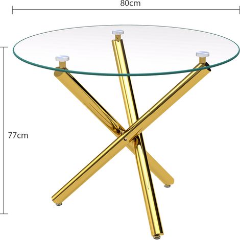 Table ronde salle à manger moderne, plateau verre trempé, pieds dorés métalliques, table basse minimaliste, 80x80x76 cm, design contemporain, meuble 2-en-1, élégant et robuste (1/5)