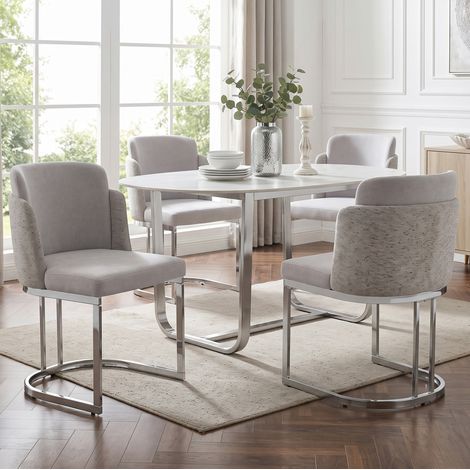 Juego de 4 sillas de comedor, respaldo doble, tejido chenilla gris, patas de metal plateado pulido (1/5)
