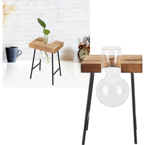 Petit tabouret, support de table en bois, vase hydroponique en verre, support en bois, décoration de bureau hydroponique, ornement de bureau frais et simple, plante en verre transparent, pothos pour s (1/5)