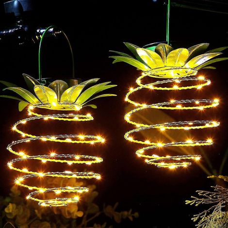 Lot de 2 guirlandes lumineuses solaires en métal en forme d'ananas, 60 LED, étanches, à suspendre en extérieur. (1/5)