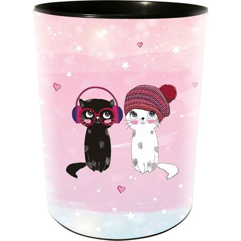 Poubelle avec un diamètre de 25 cm et une hauteur de 30 cm - Capacité : 12 l - Motif chats - Rose (1/5)