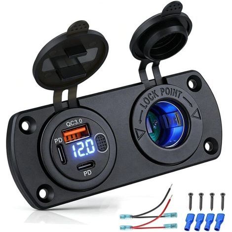 Prise 12V 2-en-1 pour Camping-Car Bateau Voiture, 2X PD 3.0 30W+36W & 1x QC 3.0 18W, avec Voltètre LED Bleu & Interrupteur, IP65 Étanche, Prise Allume-Cigare 150W