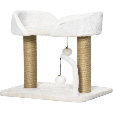 White Jute Cat Tree with Plush Upholstery and Scratching Post, Relaxation Platform, Hanging Toy for Cats Up to 11 lbs