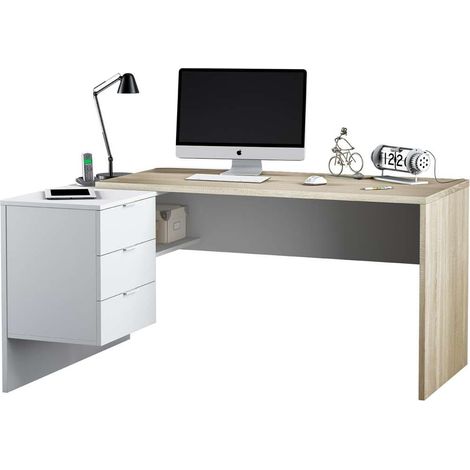 Mesa despacho ordenador Cannes 3 cajones Blanco Artik y Roble Cananadian 73cm(altura) 145cm(ancho) 108cm(fondo). (1/5)