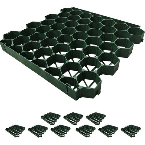Relaxdays Rasengitter Kunststoff, 10er Set, 4x50x50 cm, ohne Unterbau, befahrbar, Paddockplatten, Rasenplatten, grün