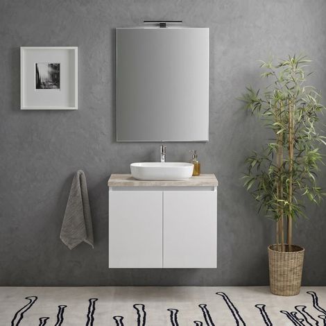 Mobile Bagno Sospeso 60Cm Ante Bianco Lucido Con Top Beton  Benaco