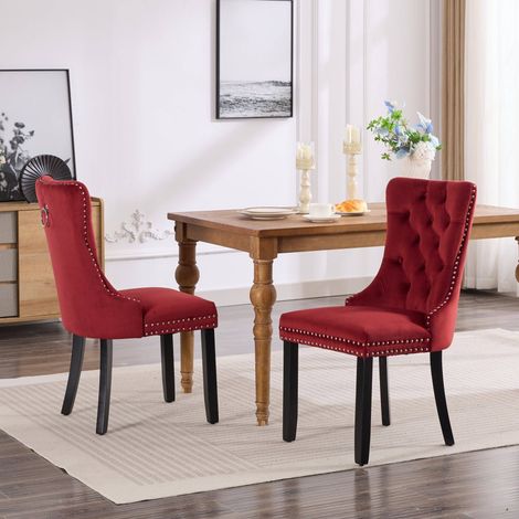 Lot de 2 chaises de salle à manger en velours rouge bordeaux, dossier haut capitonné, clous décoratifs, pieds en bois massif, 65 x 50 x 95 cm (1/5)