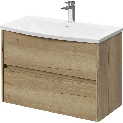 Montego Autumn Oak 800mm Wall Mounted Vanity Unit with 1 Tap Hole Curved Basin and 2 Drawers (1/5)