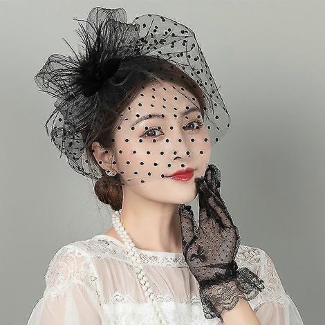 Wabjtam 1 Set Retro Style Bird Cage Mesh Bridal Face Feil Fascinator Hair Clip Gloves (1/2)