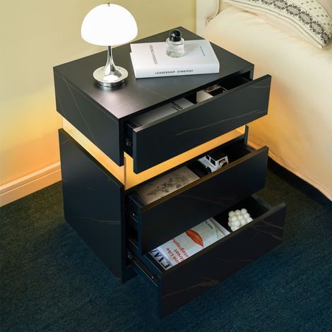 Tables de chevet LED, commode à 3 tiroirs pour chambre à coucher, table d'appoint avec panneau acrylique, tables de chevet LED pour chambre à coucher ou salon, mobilier de chevet (noir et doré)