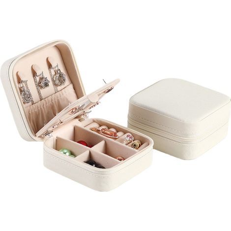 Boîte à bijoux avec miroir, organisateur de bijoux à motif croisé, idéale pour ranger boucles d'oreilles, bagues et colliers, blanche. Une pièce. (1/5)