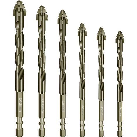 Foret Metal Maçonnerie à Tige Hexagonale Foret Mixte 4 mm, 5 mm, 6 mm, 8 mm, 10 mm, 12 mm pour Carrelage, Céramique, Verre, Brique, Acier, Bois, 6 Pièces (1/5)
