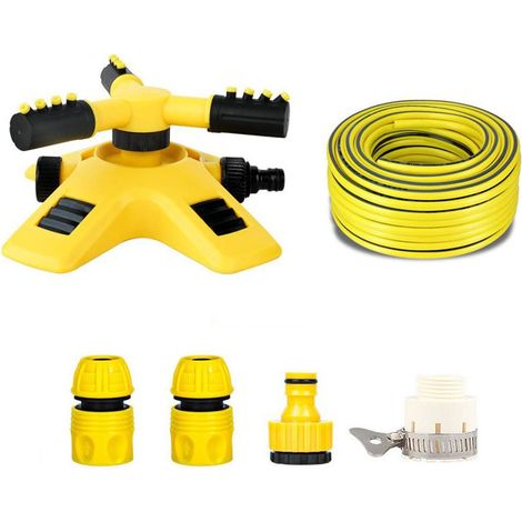 Kit d'arrosage pour pépinière et jardin Arroseur rotatif à trois branches à 360° + tuyau d'arrosage PVC 4 points de 20 mètres Système d'irrigation complet avec distributeur à 8 broches à connexion r