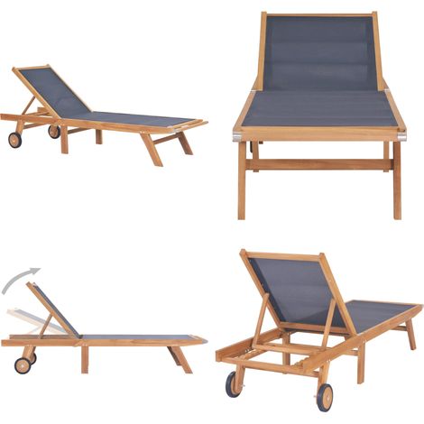 Chaise longue pliable avec roulettes Teck massif et textilène - Transat Jardin - Chaise Longue Teck - Mobilier De Jardin - Chaises Longues Pliables - Fauteuil De Jardin - Home & Living (1/5)