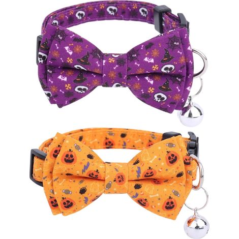 2pcs Colliers d'halloween pour Chat avec Nœud Papillon et Clochette, Collier Réglable Détachable Chaton Accessoires Décoration Effrayants pour Chats et Petits Chiots (Style 1) (1/5)