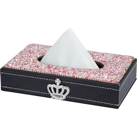 Dekorativer, rechteckiger Taschentuchboxdeckel (rosa), aus Leder mit Strasssteinen, ideal für Auto, Büro oder Zuhause
