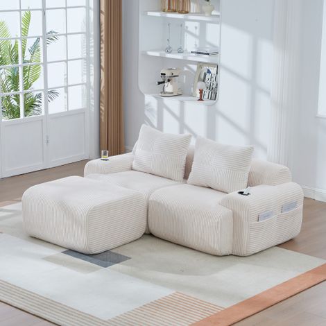 Canapé modulaire 2 places en velours côtelé avec porte-gobelet et poche latérale beige, 200x174x80 cm (1/5)