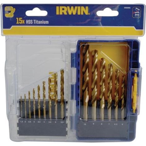 Irwin – 15-piece titanium nitride metal drill bit set 1.5-10 mm – 135° split point for accurate centring – Heavy-duty web construction for durability (1/3)