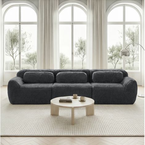 Sofá modular de 3 plazas gris en tejido de felpa con cojines, base antideslizante y sin montaje (1/5)