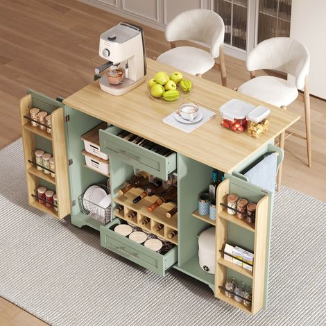 Carrito de cocina con ruedas, tapa plegable, espacio de almacenamiento, MDF verde antiguo, soporte para vasos, 138x45/70x92 cm (1/5)