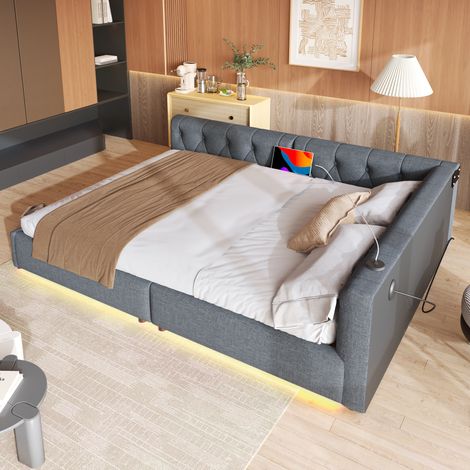 Cama Diván 140×200 cm, Cama Doble con USB, Tipo C y LED Regulable, sin Colchón, en Lino, Gris (1/5)