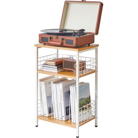 Table de Chevet, Bout de canapé, Meuble Tourne Disque Vinyle, Table d’Appoint 3 Niveaux Rangement, Support de platine Vintage, pour Salon, Chambre, Bureau, 40×29×62.5CM Couleur Naturelle HST009N (1/5)