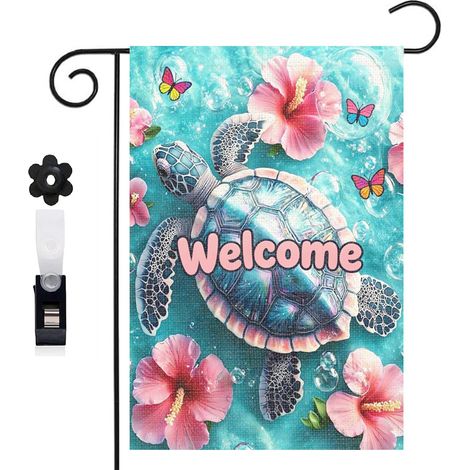 Drapeau de jardin bienvenue 30 x 45 cm motif tortue et sable marin toile double face extérieure (1/5)