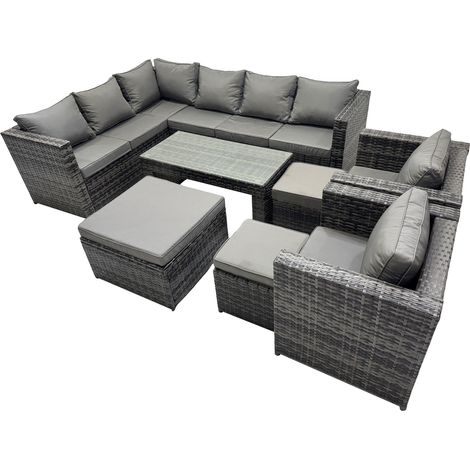 Fimous 8 Pieces Outdoor PE Rattan Garden Furniture Corner Sofa Oblong Coffee Table Set with Cushions 3 Footstools Dark Grey Mixed (1/5)
