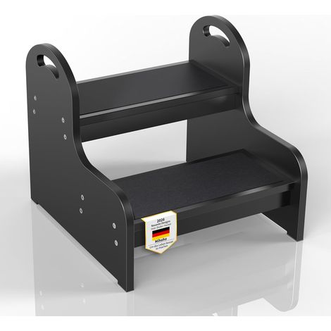 Wood Lot de 2 marchepieds pour enfants et adultes, avec surface antidérapante, échelle à 2 étapes, chaise pour baignoire, toilettes, cuisine, lit (noir B) (1/5)