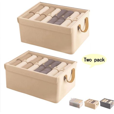 Zweiteiliges Aufbewahrungsbox-Set aus Canvas mit transparenten Deckeln, geeignet zur Aufbewahrung von Kleidung oder Bettwäsche, beige. (1/5)